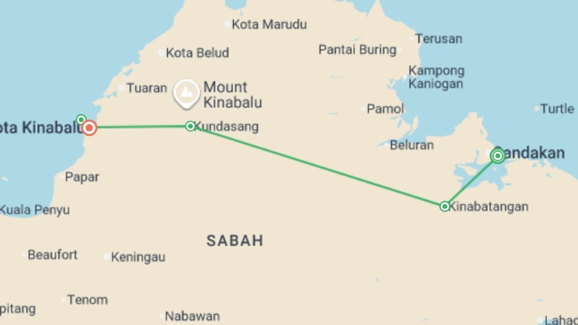 A map showing the tour itinerary for the trip: Borneo Premium Family Holiday, starting in Sandakan, Malaysia and ending in Kota Kinabalu, Malaysia going through 3 other destinations.