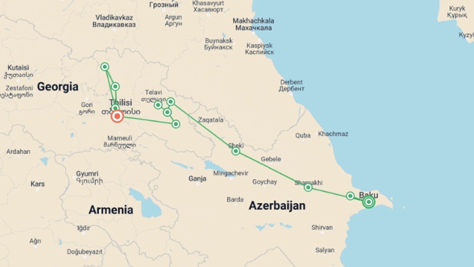A map showing the tour itinerary for the trip: Azerbaijan and Georgia Small Group Tour, starting in Baku, Azerbaijan and ending in Tbilisi, Georgia going through 4 other destinations.