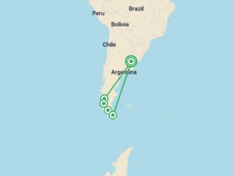 Map itinerary of South America Tour in February 2026 with 5 destination visits for the trip: Classic Hikes of Patagonia