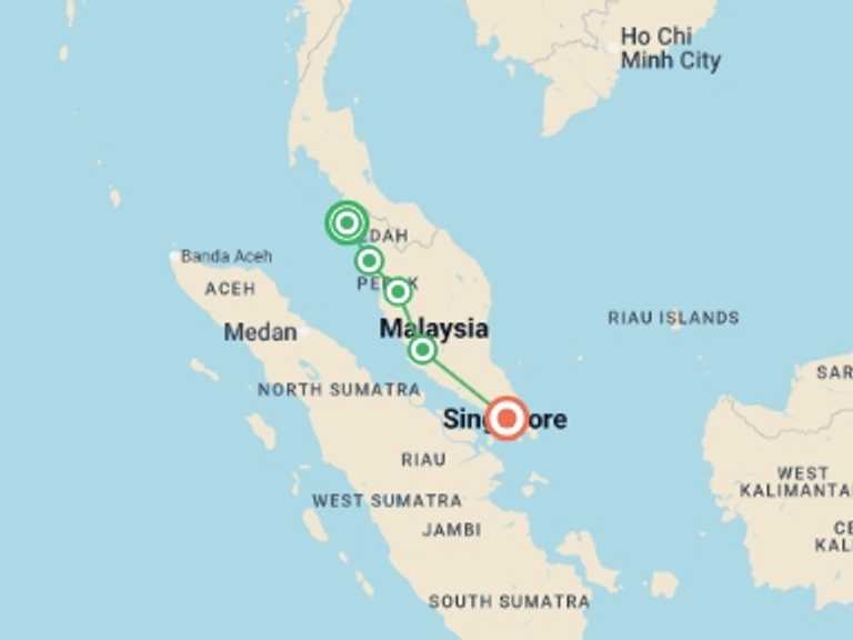 Map of Asia Tour with 4 destination visits for the trip: Malaysia and Singapore Highlights
