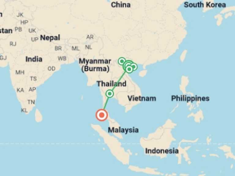 Map of Hanoi Local boat rides Tour with 8 destination visits for the trip: 14-Day Classic Highlights of Vietnam and Thailand 