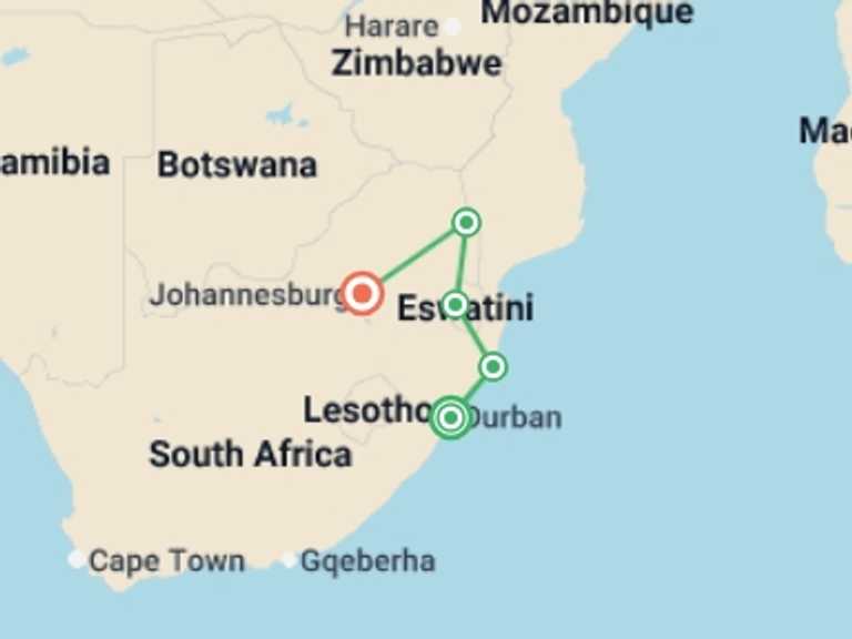 Map itinerary of Africa Tour in August 2026 with 5 destination visits for the trip: Kruger Safari with Eswatini