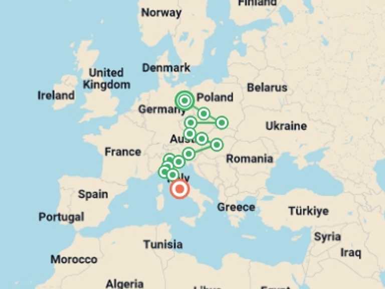 Map itinerary of Vienna Tour in June 2027 with 14 destination visits for the trip: Epic Europe: Central and Italy