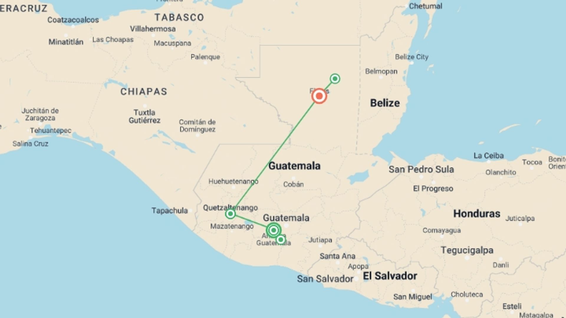 A map showing the tour itinerary for the trip: Discover Guatemala, starting in Antigua, Guatemala and ending in Flores, Guatemala going through 3 other destinations.