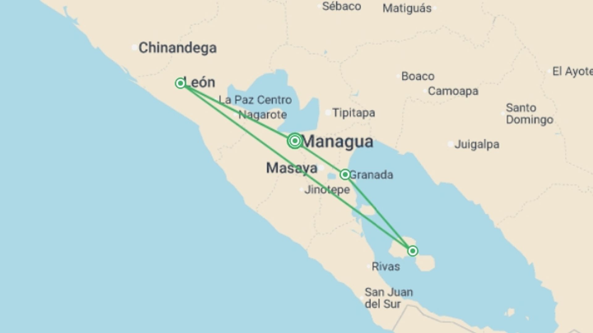 A map showing the tour itinerary for the trip: Best of Nicaragua, starting in Managua, Nicaragua and ending in Managua, Nicaragua going through 3 other destinations.