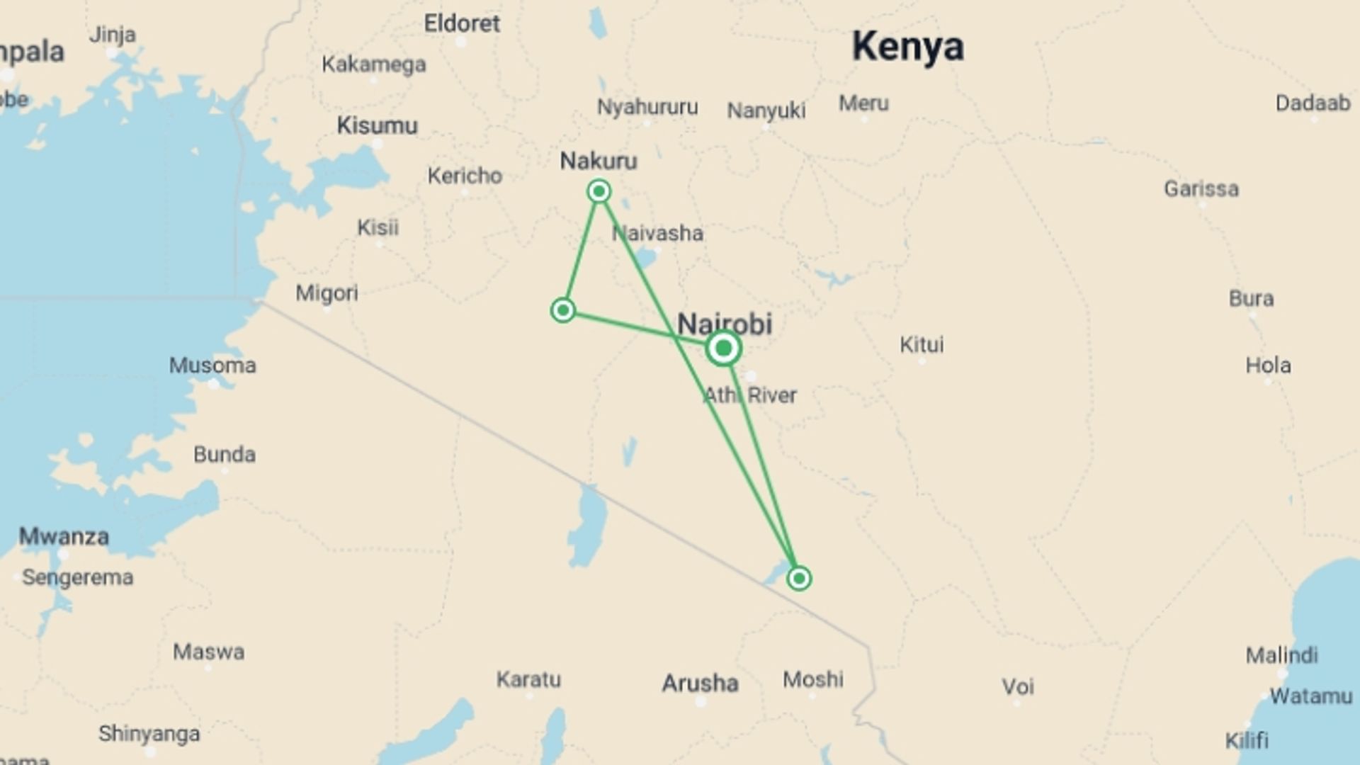 A map showing the tour itinerary for the trip: 6 Days  Amboseli, Nakuru Masai Mara Safari, starting in Nairobi, Kenya and ending in Nairobi, Kenya going through 4 other destinations.