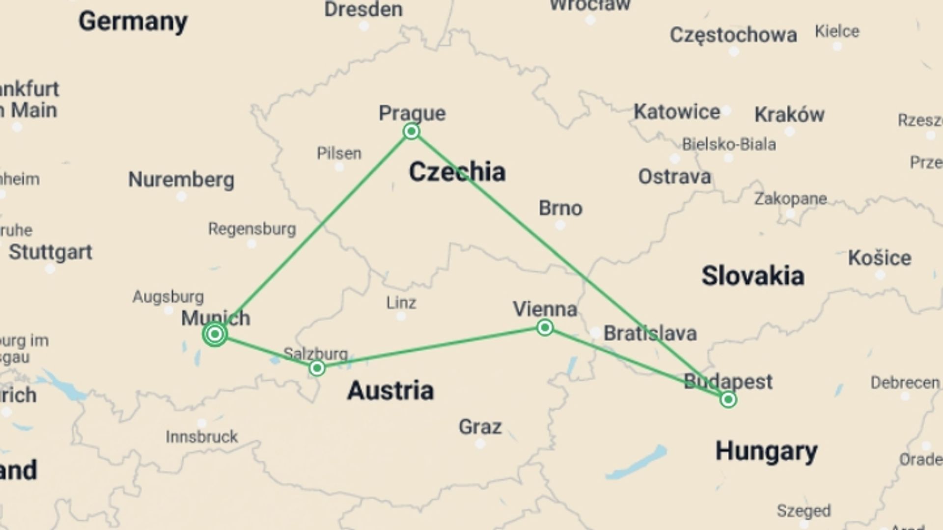 A map showing the tour itinerary for the trip: Central Europe in Low Season, starting in Munich, Germany and ending in Munich, Germany going through 4 other destinations.