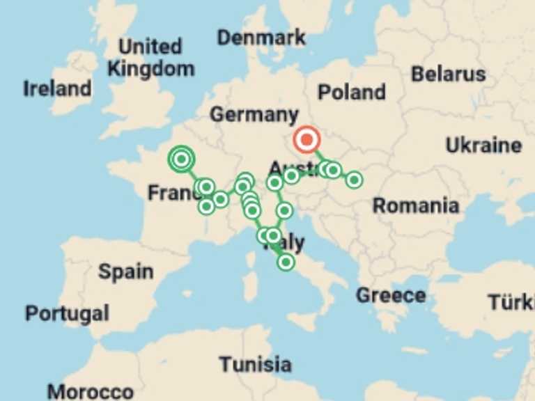 Map of Mediterranean Tour with 11 destination visits for the trip: Romantic Europe