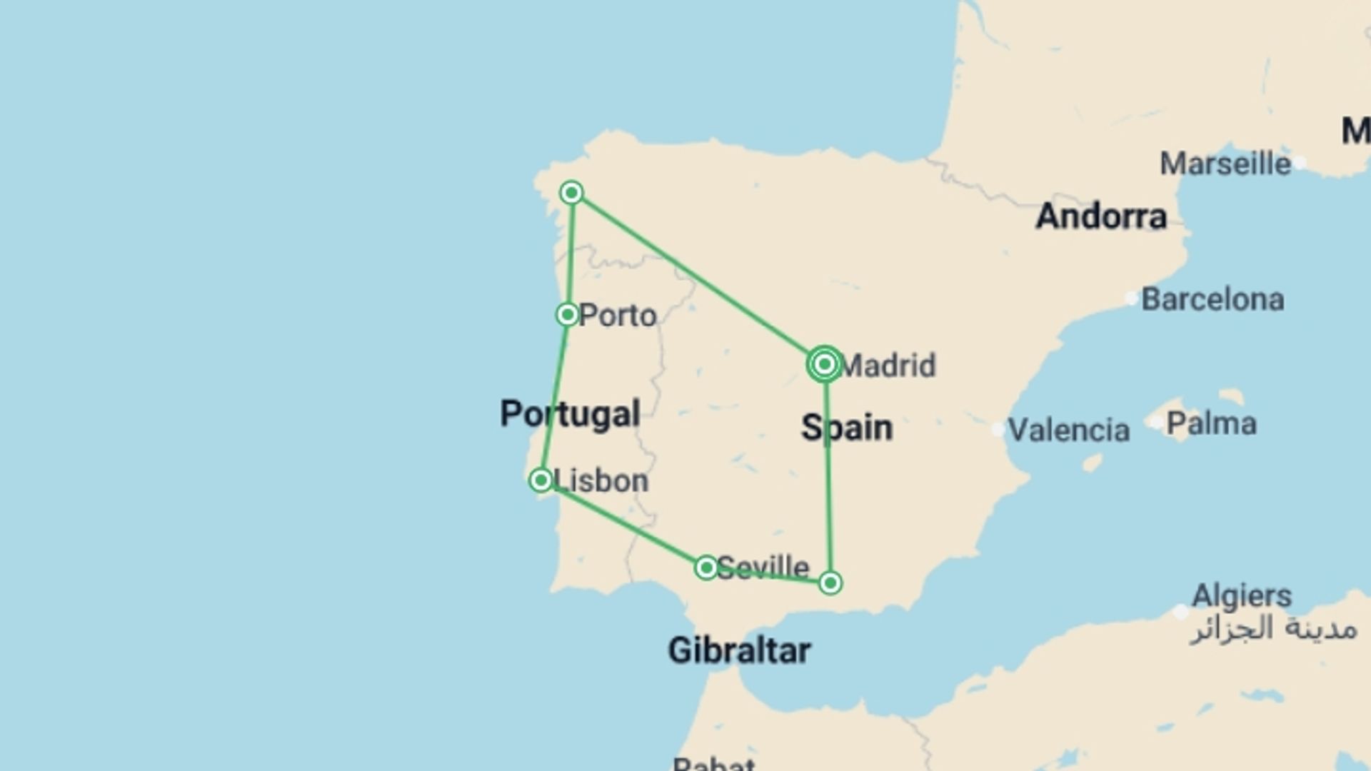 A map showing the tour itinerary for the trip: Spanish and Portuguese Landscapes, starting in Madrid, Spain and ending in Madrid, Spain going through 5 other destinations.