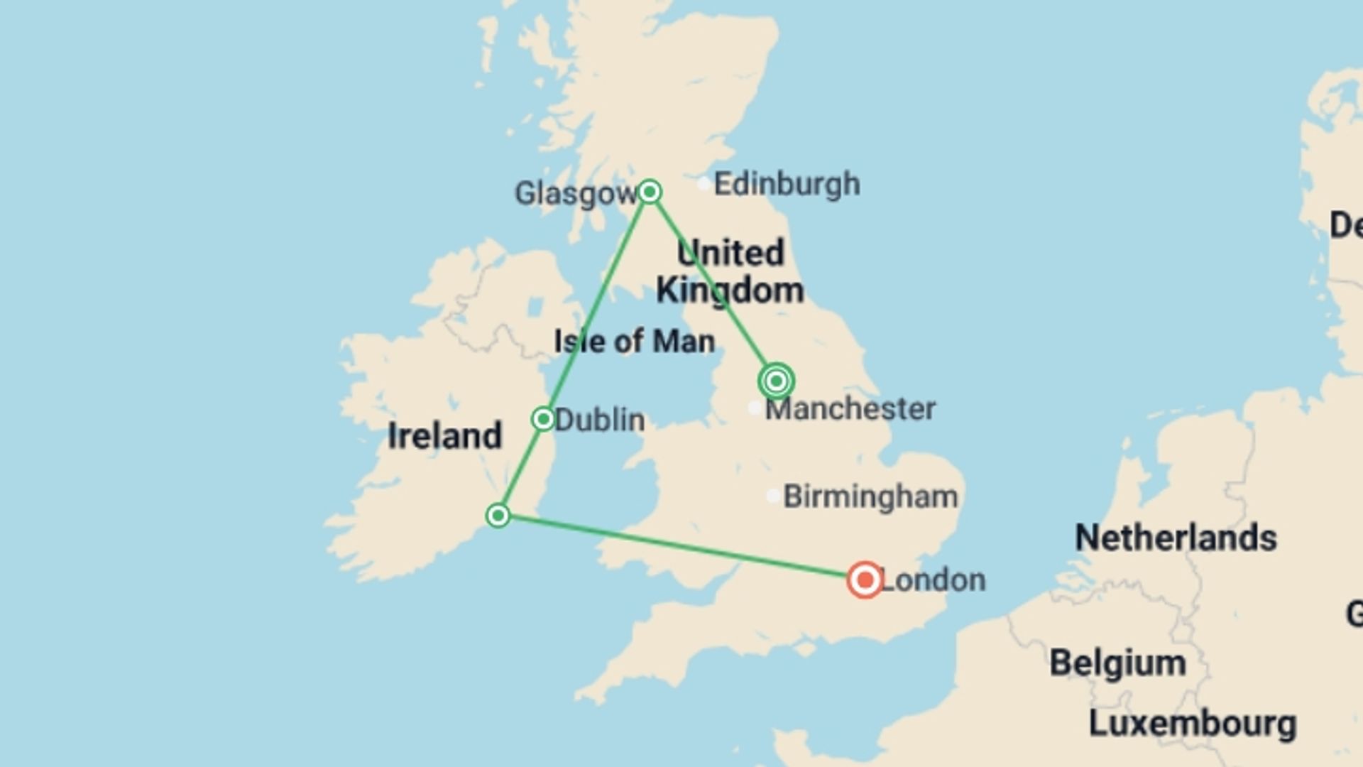 A map showing the tour itinerary for the trip: Britain and Ireland Delight, starting in Bradford, England and ending in London, England going through 3 other destinations.