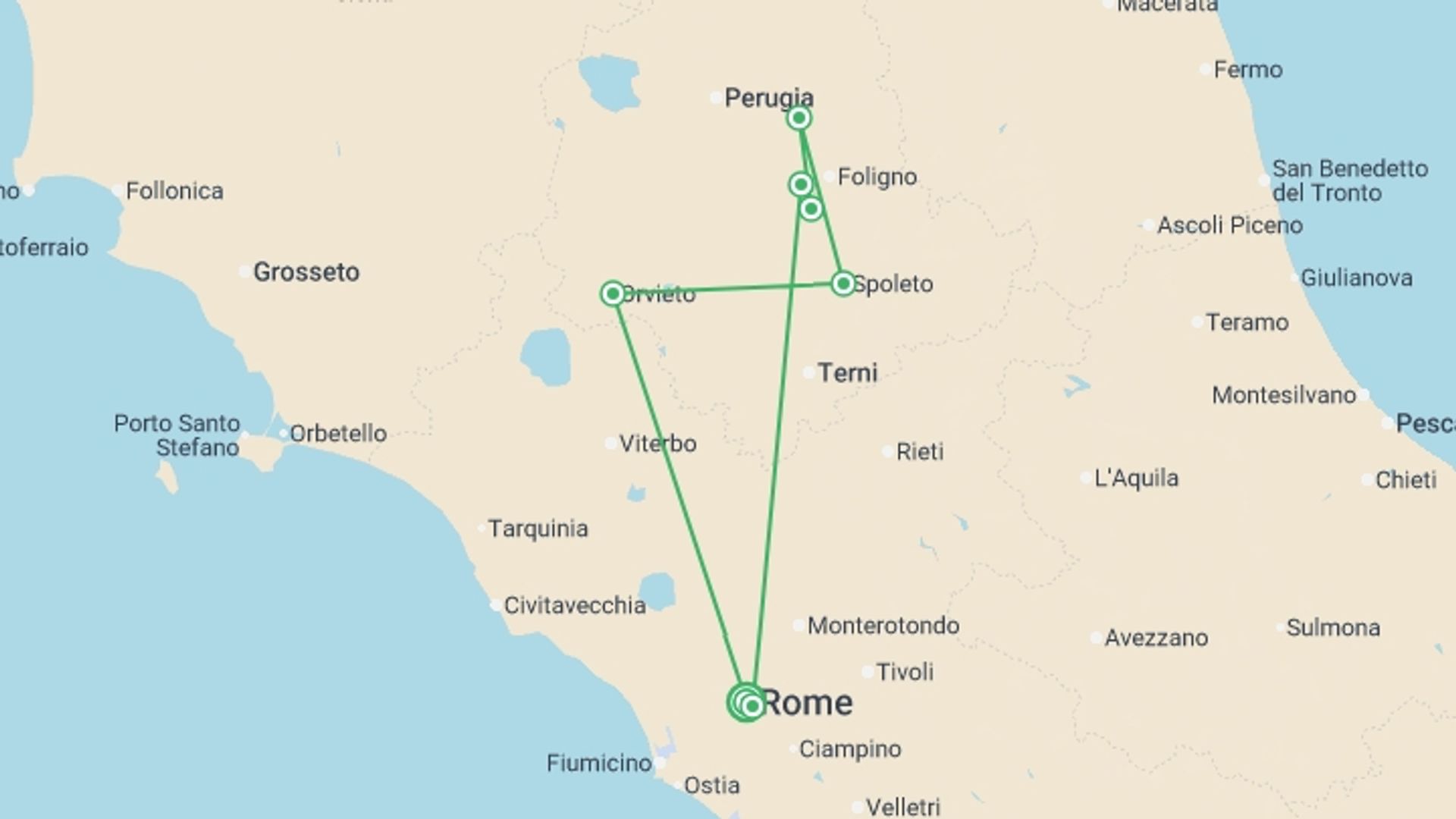A map showing the tour itinerary for the trip: Upgraded - Walking Italy: Rome & Umbria, starting in Rome, Italy and ending in Rome, Italy going through 0 other destinations.