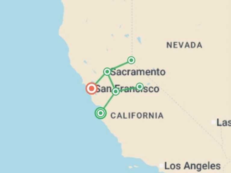 Map of 8-Day San Francisco Tour with 4 destination visits for the trip: California Dreamin': Monterey, Yosemite & Napa 