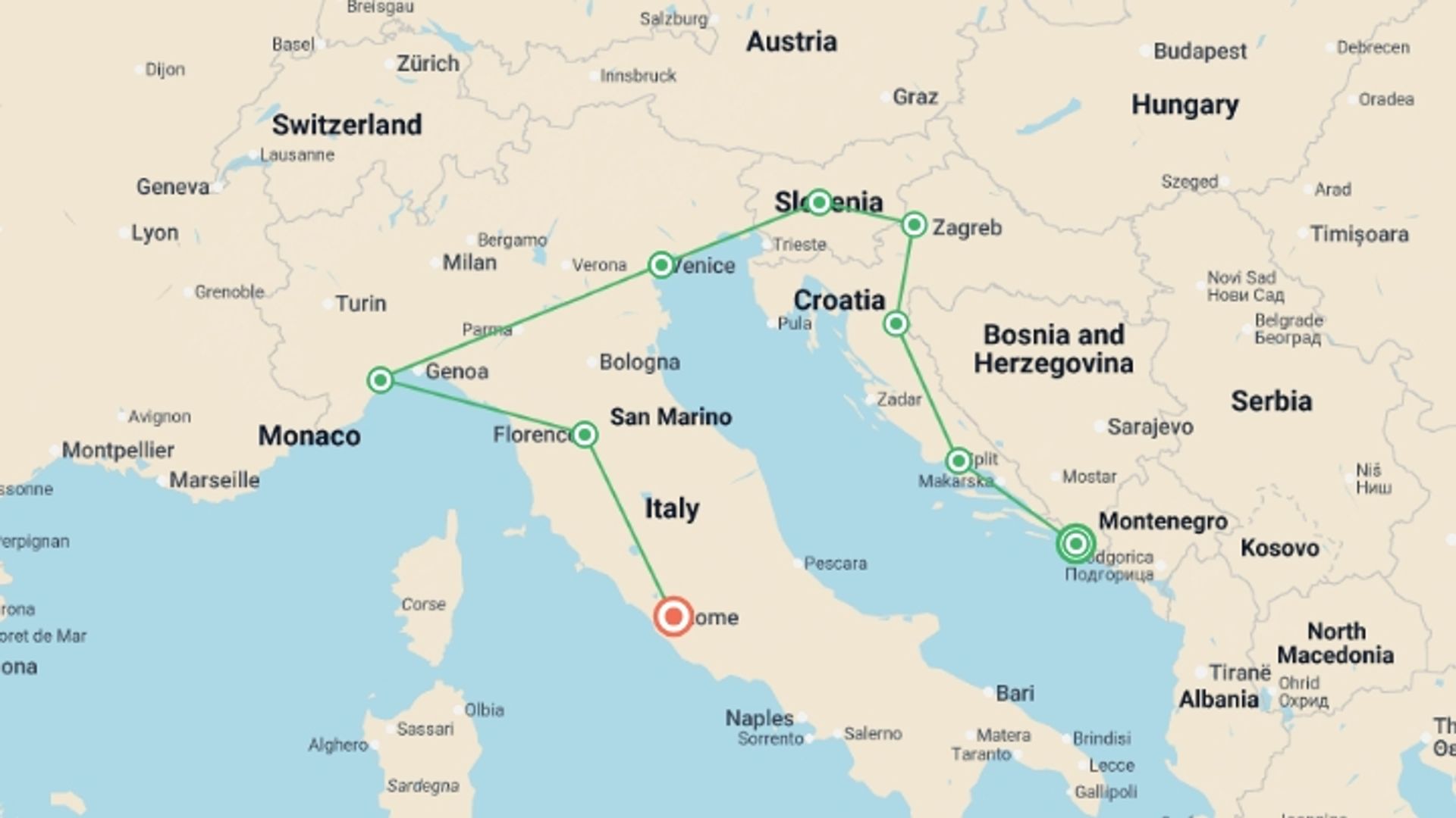 A map showing the tour itinerary for the trip: Dubrovnik to Rome, starting in Dubrovnik, Croatia and ending in Rome, Italy going through 7 other destinations.