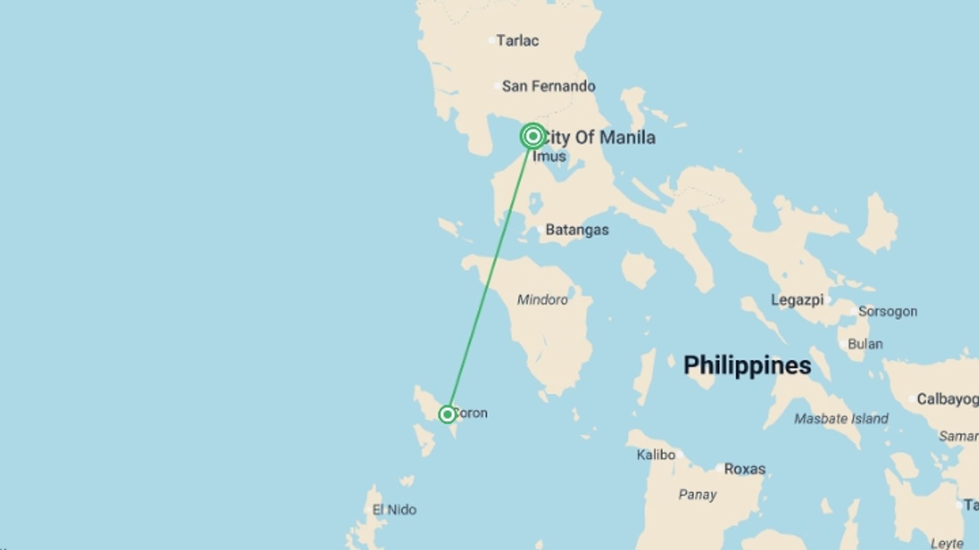 A map showing the tour itinerary for the trip: Manila & Palawan Explorer (3-4 Star) - 8 days, starting in Manila, Philippines and ending in Manila, Philippines going through 1 other destinations.