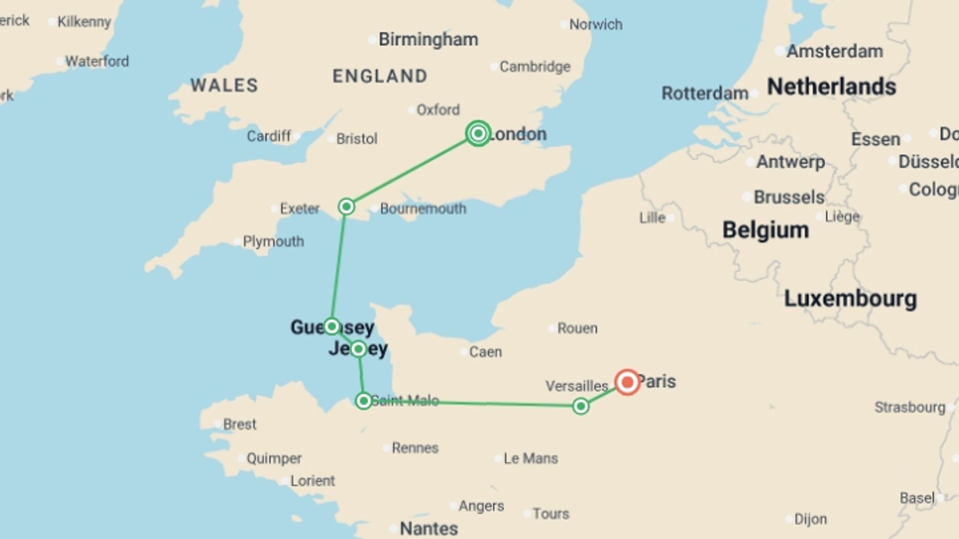 A map showing the tour itinerary for the trip: London to Paris via the Channel Islands, starting in London, England and ending in Paris, France going through 5 other destinations.