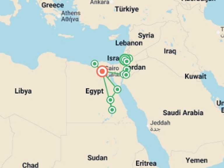 Map of Mediterranean Tour with 11 destination visits for the trip: Jerusalem, Jordan and Secrets of the Nile with Alexandria