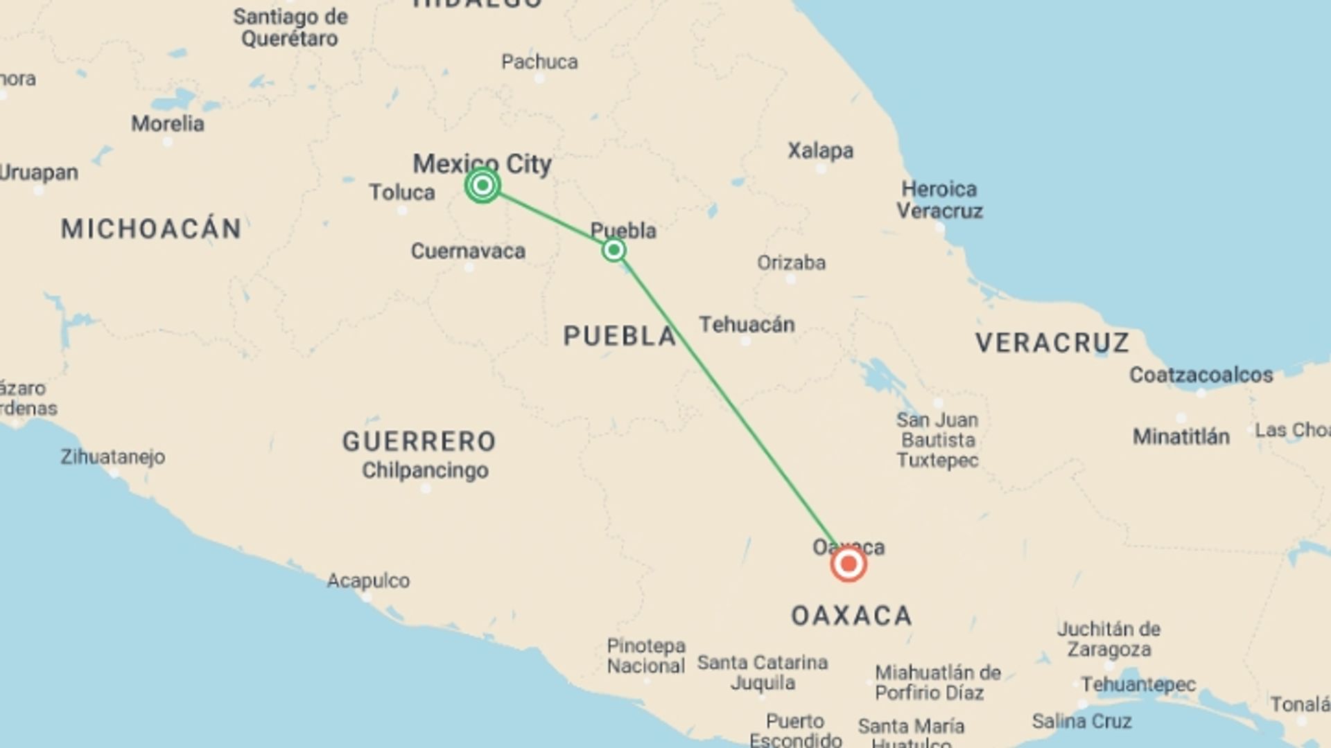 A map showing the tour itinerary for the trip: Mexico City to Oaxaca: Pottery & Aztec Pyramids, starting in Mexico City, Mexico and ending in Oaxaca, Mexico going through 1 other destinations.