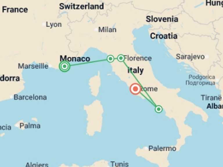 Map of France and Spain Tour with 6 destination visits for the trip: Barcelona to Rome Quest