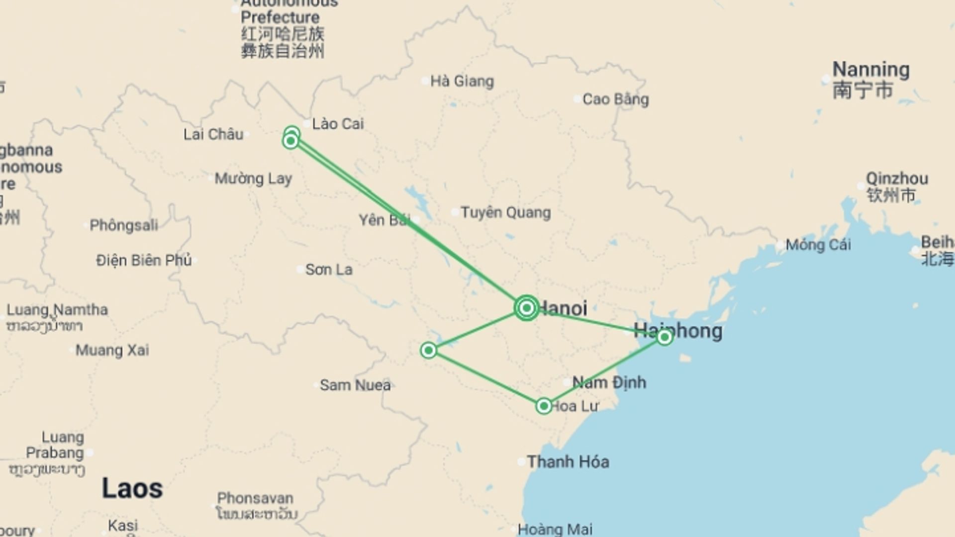 A map showing the tour itinerary for the trip: Vietnam: Hike, Bike & Kayak, starting in Hanoi, Vietnam and ending in Hanoi, Vietnam going through 5 other destinations.