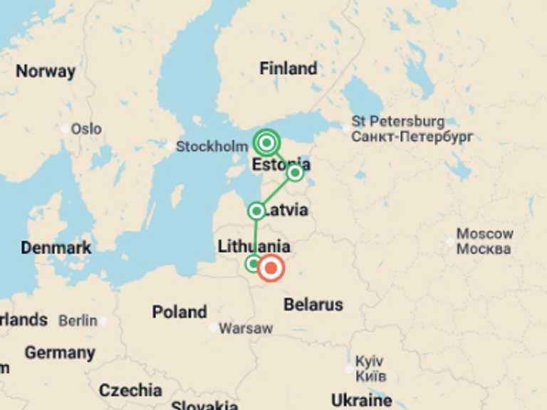 Map itinerary of Baltic Tour in Spring with 5 destination visits for the trip: Best of Baltics 35 to 45
