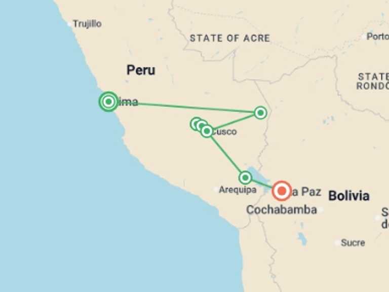 Map itinerary of South America Tour in December 2026 with 7 destination visits for the trip: Sacred Land of the Incas