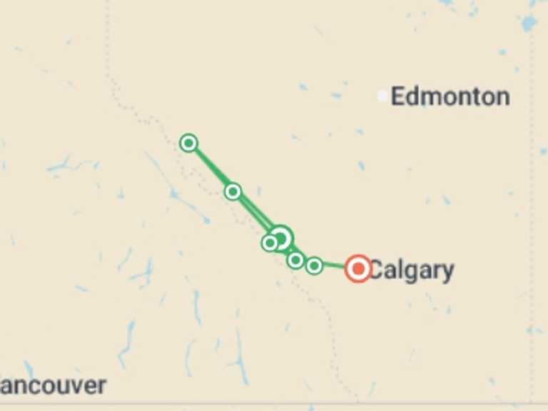 Map itinerary of Calgary Tour in June 2026 with 7 destination visits for the trip: Spectacular Rockies and Glaciers of Alberta