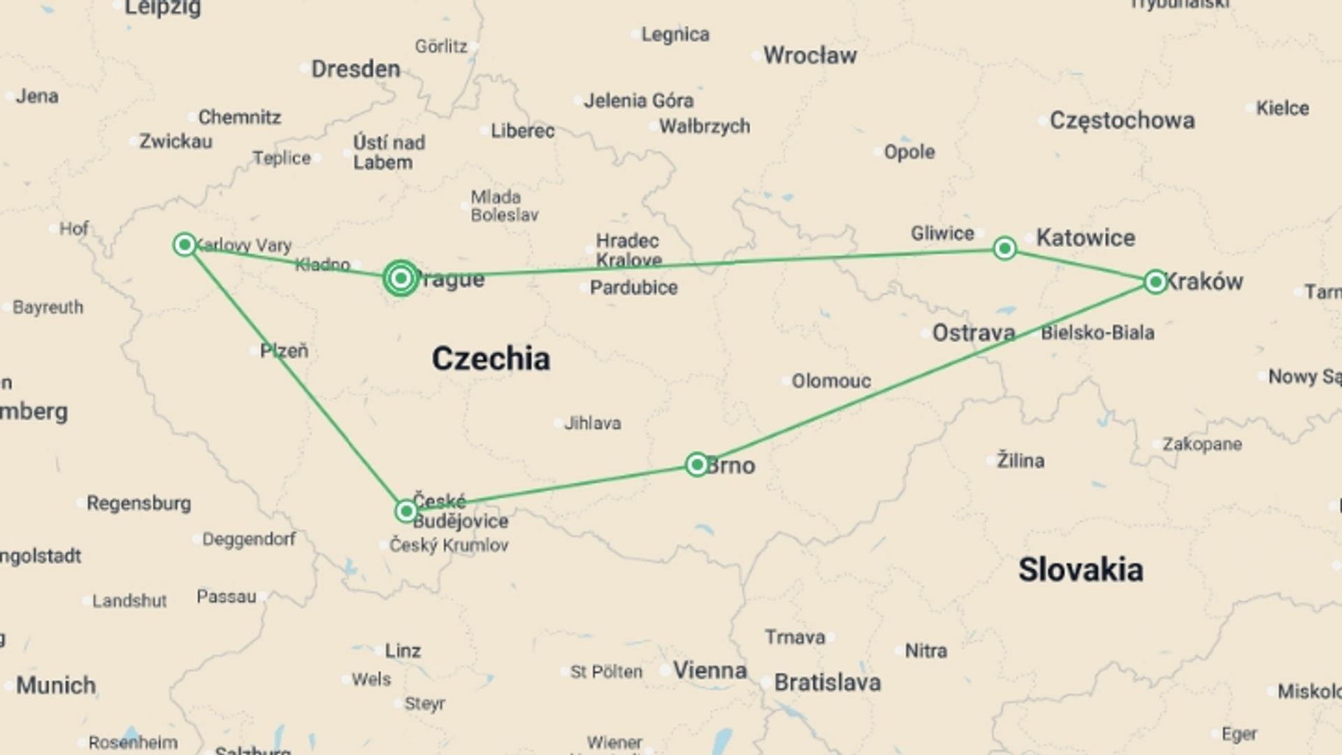 A map showing the tour itinerary for the trip: Czech Pearls and Heart of Poland, starting in Prague, Czech Republic and ending in Prague, Czech Republic going through 5 other destinations.