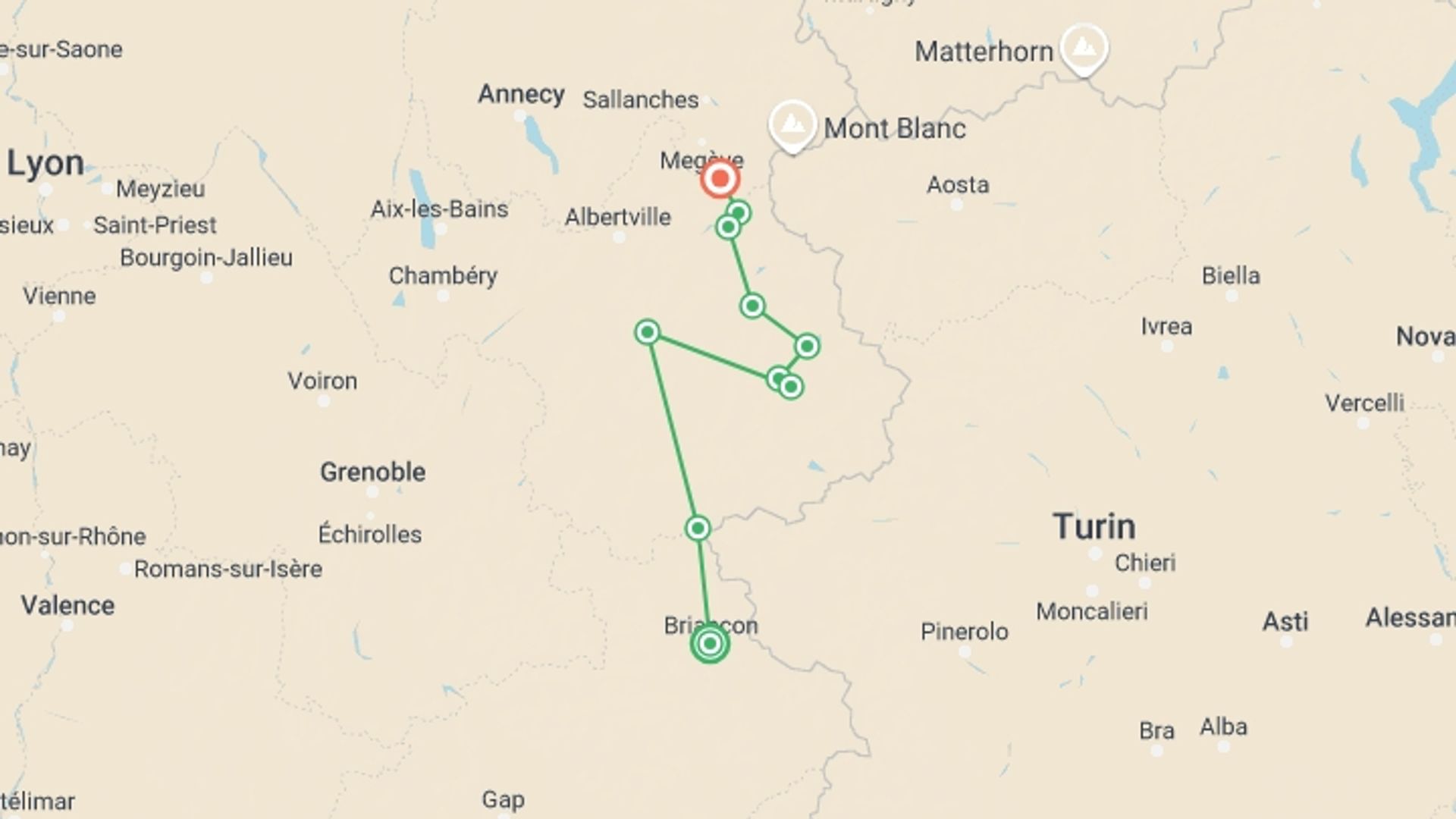 A map showing the tour itinerary for the trip: GR5 Alps Crossing, starting in Briançon, France and ending in Les Contamines-Montjoie, France going through 7 other destinations.