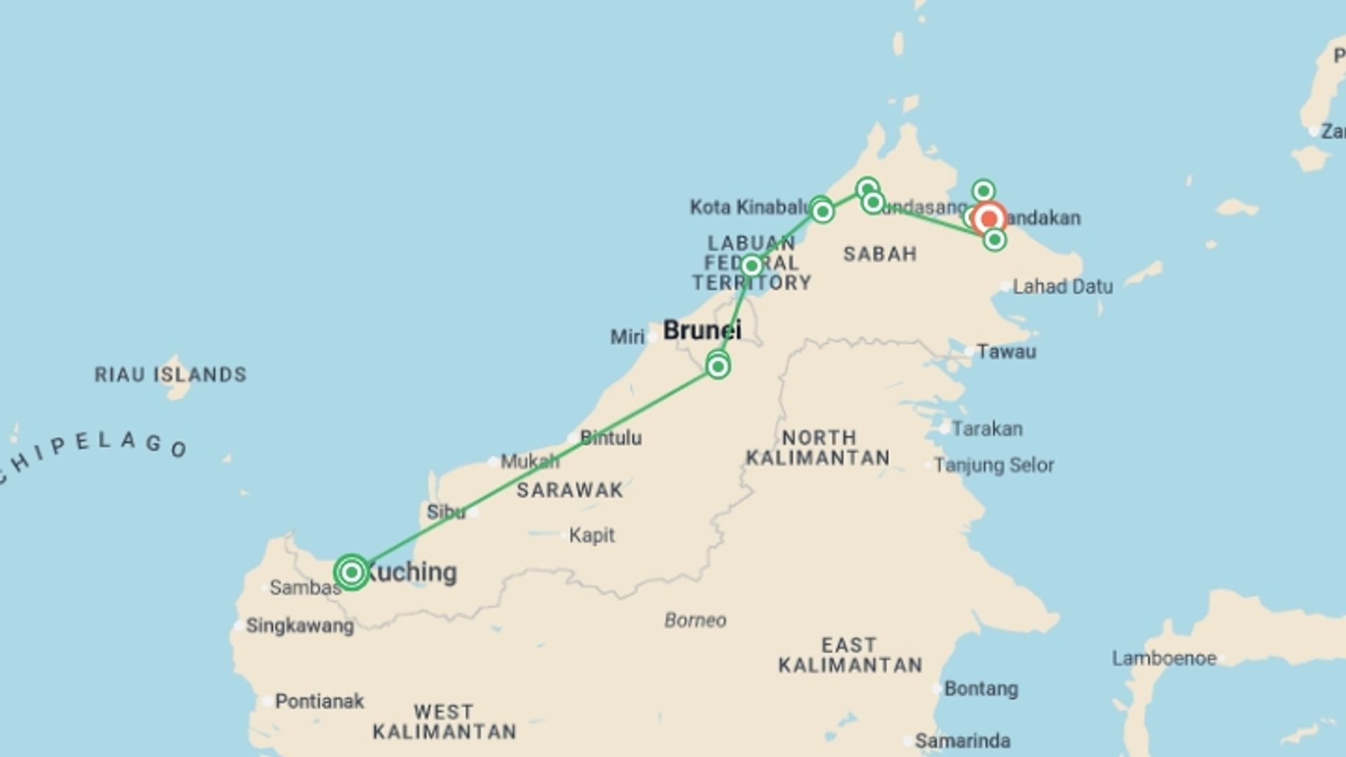 A map showing the tour itinerary for the trip: Best of Borneo, starting in undefined, Malaysia and ending in undefined, Malaysia going through 1 other destinations.