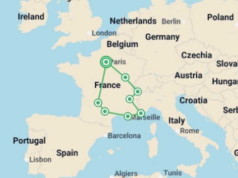 Map itinerary of Paris Tour in July 2026 with 8 destination visits for the trip: Country Roads of France