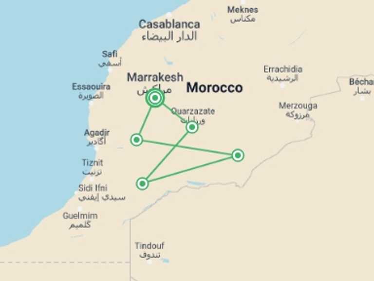 Map of 6-Day Marrakech Tour with 5 destination visits for the trip: Sahara And High Atlas, Private Tour