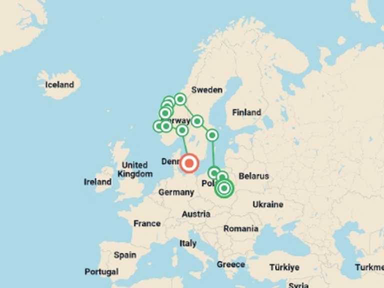 Map of Northern Europe Tour with 11 destination visits for the trip: Fabulous Poland and Fjords End Copenhagen
