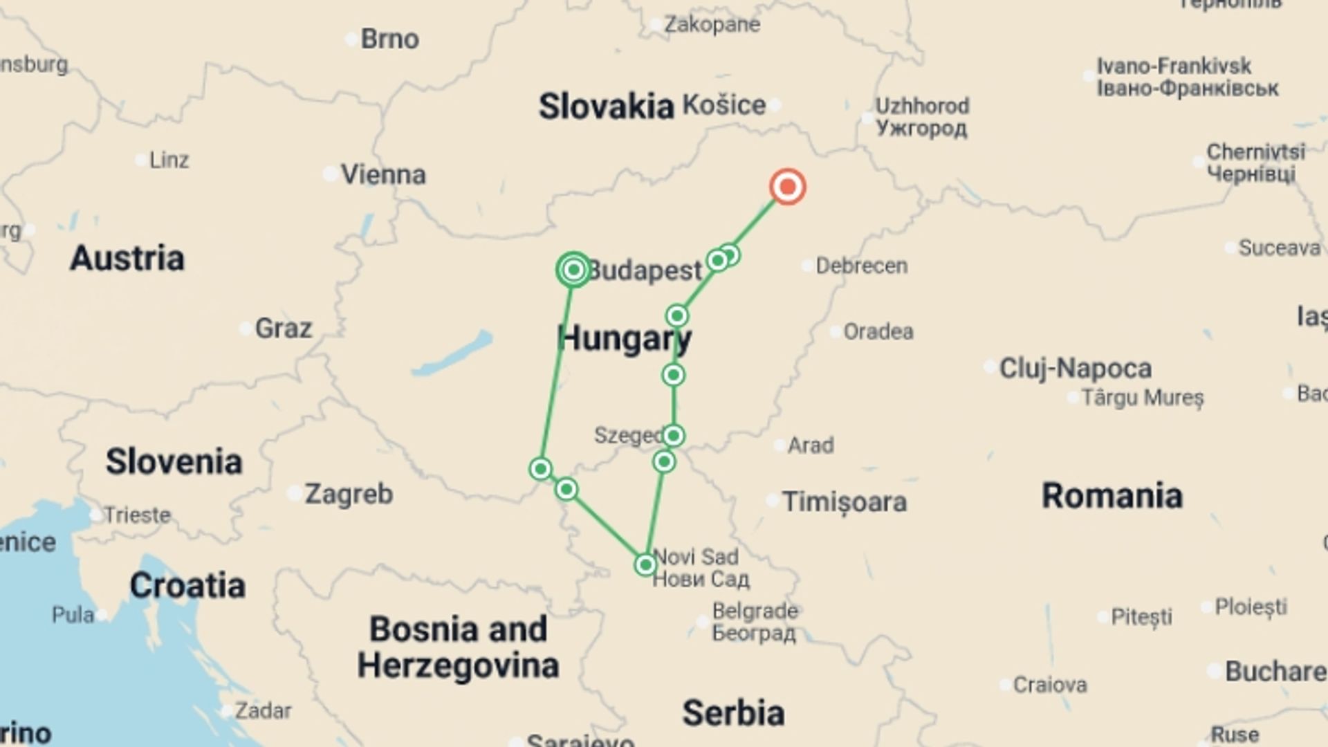 A map showing the tour itinerary for the trip: From the Danube to the Tisza, through the Real Hungary (port-to-port cruise), starting in Budapest, Hungary and ending in Tokaj, Hungary going through 6 other destinations.