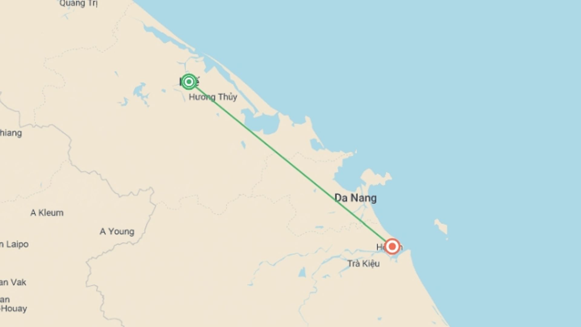A map showing the tour itinerary for the trip: Luxury Vietnam Wellness Group Retreat, starting in Hue, Vietnam and ending in Da Nang, Vietnam going through 1 other destinations.