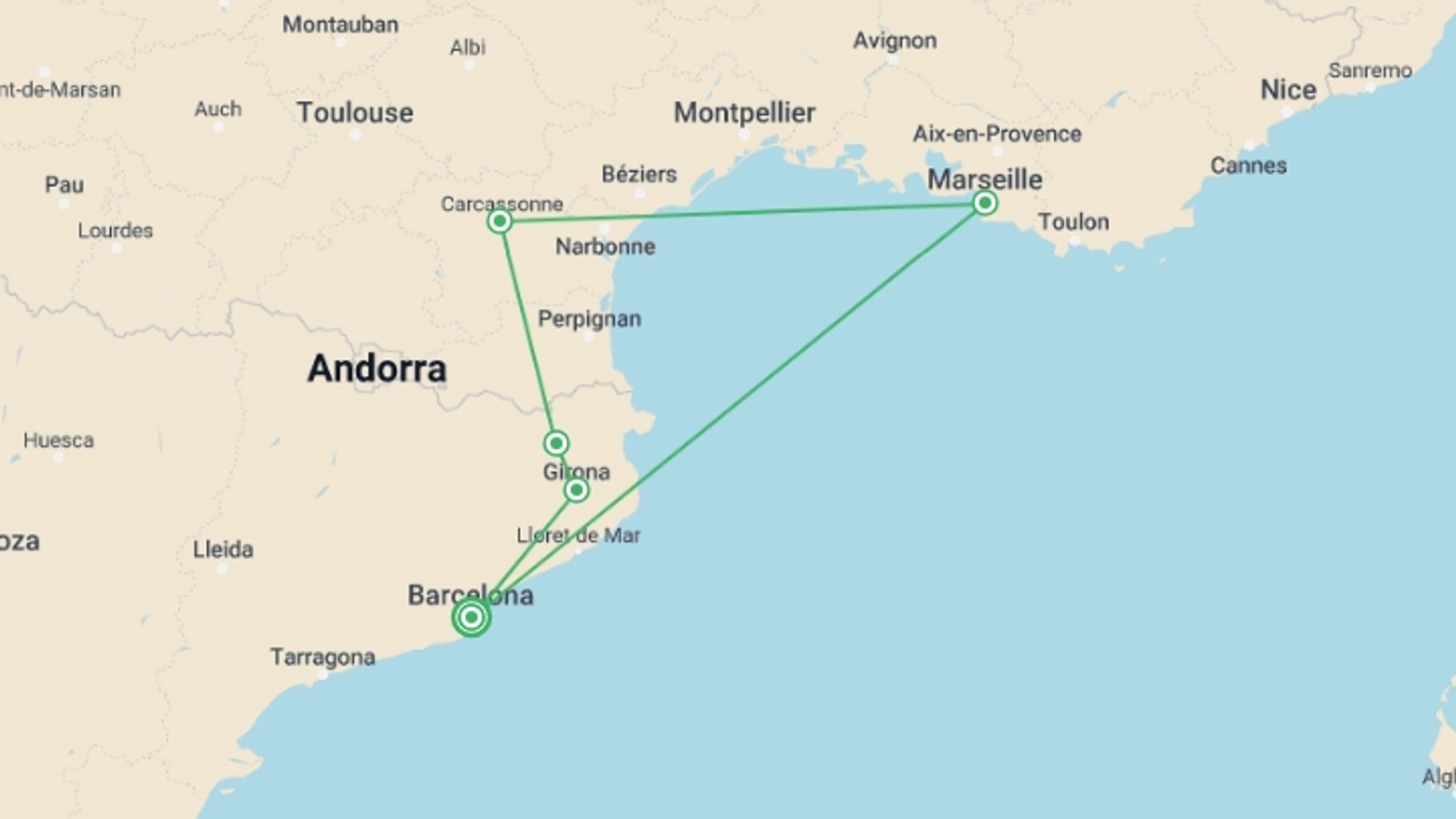 A map showing the tour itinerary for the trip: Catalonia, south of France and Provence, starting in Barcelona, Spain and ending in Barcelona, Spain going through 2 other destinations.