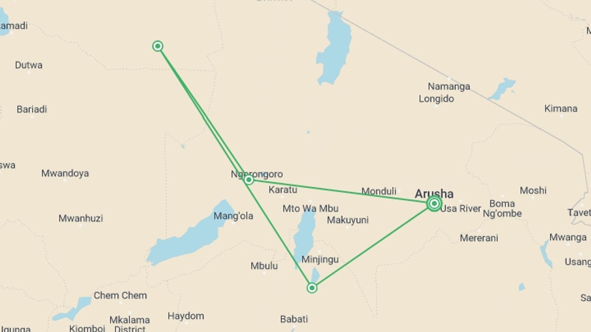 A map showing the tour itinerary for the trip: Safaris in the best Northern National Parks of Tanzania, starting in Arusha, Tanzania and ending in Arusha, Tanzania going through 4 other destinations.