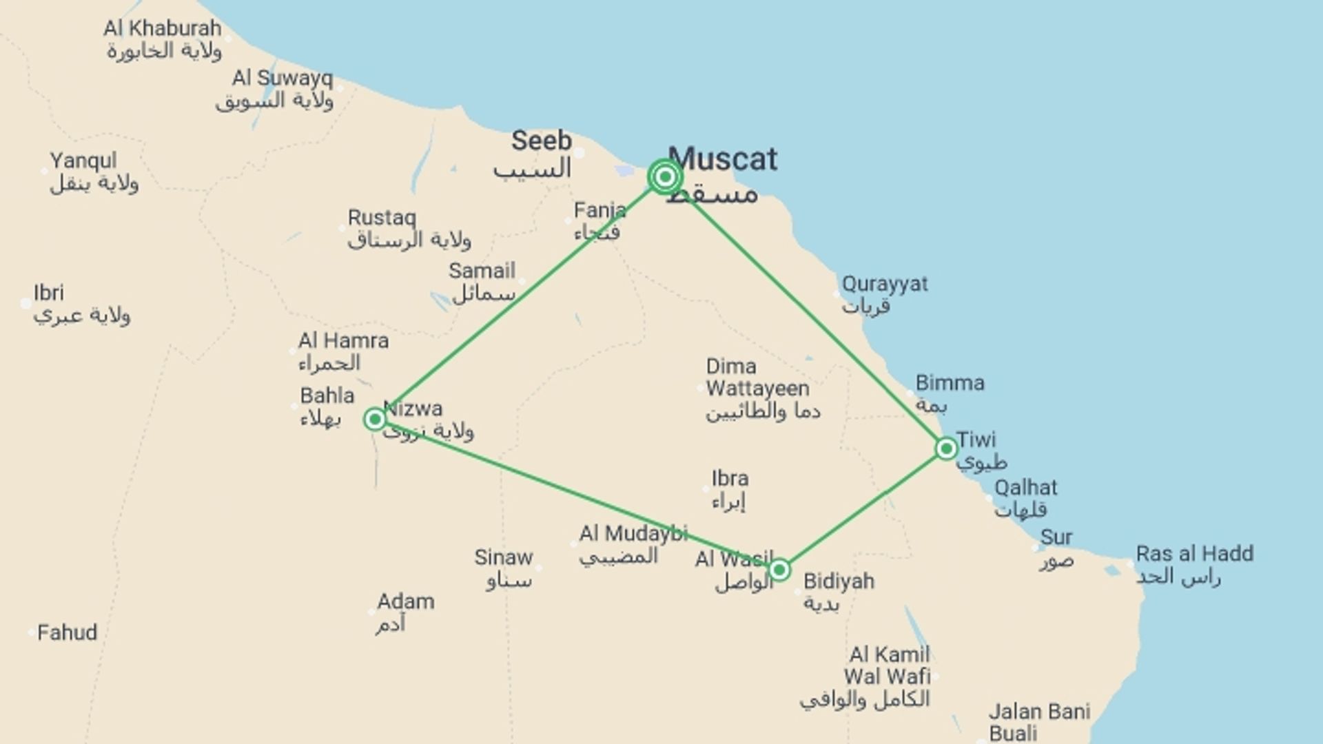 A map showing the tour itinerary for the trip: Premium Oman Discovery Tour, starting in Muscat, Oman and ending in Nizwá, Oman going through 3 other destinations.