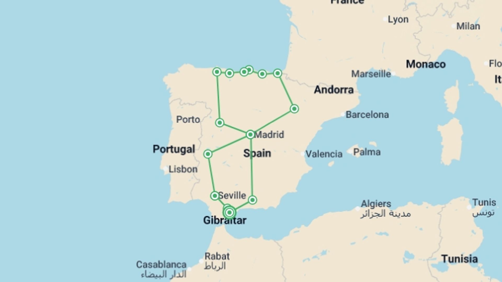 A map showing the tour itinerary for the trip: Spain From Coast to Coast - 9 days, starting in Costa del Sol, Spain and ending in Costa del Sol, Spain going through 6 other destinations.