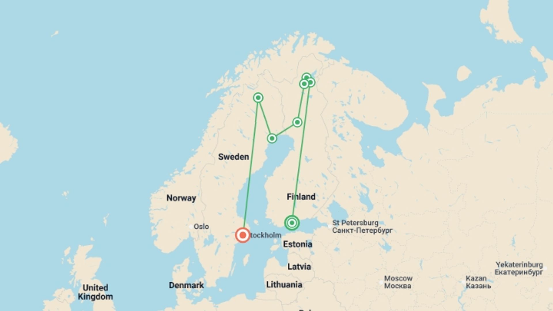 A map showing the tour itinerary for the trip: Scandinavian Northern Lights, starting in Helsinki, Finland and ending in Stockholm, Sweden going through 4 other destinations.