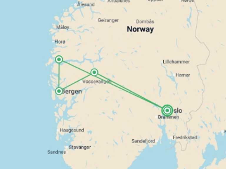 Map itinerary of Europe Tour in Fall with 4 destination visits for the trip: Discover the Norwegian Fjords