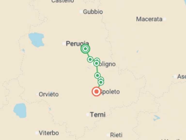 Map itinerary of Mediterranean Tour in September 2026 with 6 destination visits for the trip: St Francis Way: Assisi to Spoleto