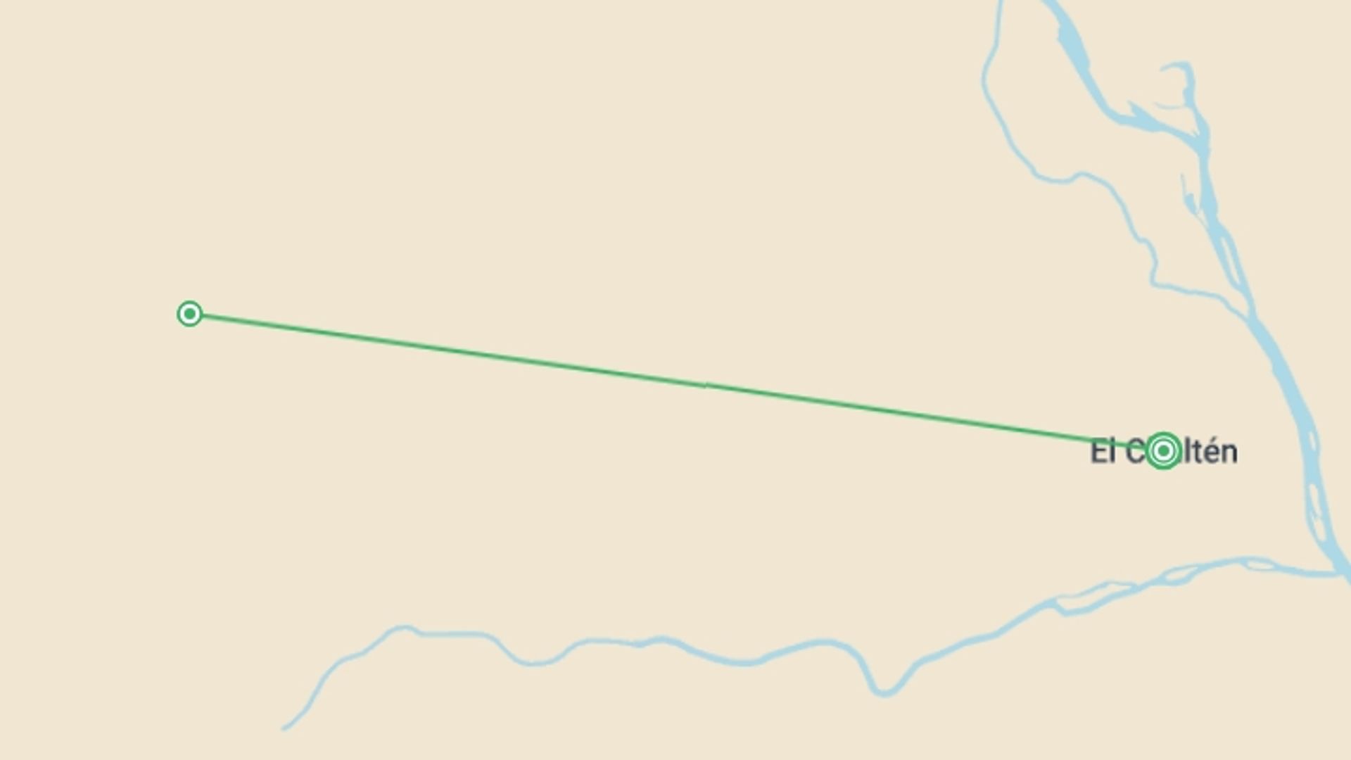 A map showing the tour itinerary for the trip: 4-day El Chaltén, The Heart Of Patagonia, French-speaking Guide, starting in El Chalten, Argentina and ending in El Chalten, Argentina going through 1 other destinations.