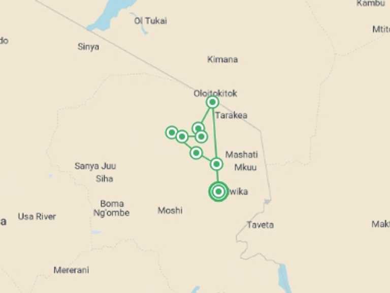 Map of Africa Tour with 8 destination visits for the trip: Kilimanjaro Climb Rongai Route