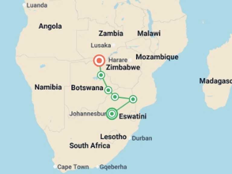 Map itinerary of Johannesburg Tour in September 2026 with 6 destination visits for the trip: Kruger to Vic Falls