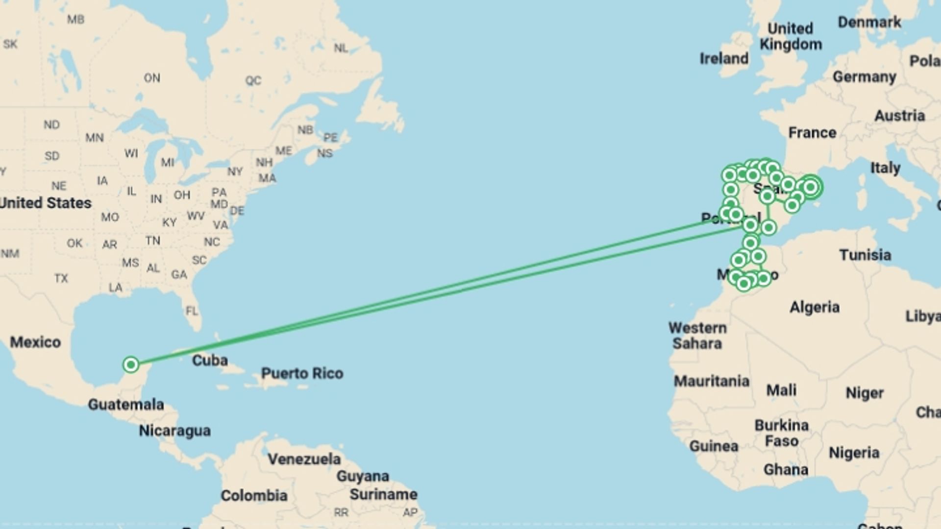 A map showing the tour itinerary for the trip: The Big Tour of Spain, Morocco and Portugal, starting in Barcelona, Spain and ending in Barcelona, Spain going through 15 other destinations.