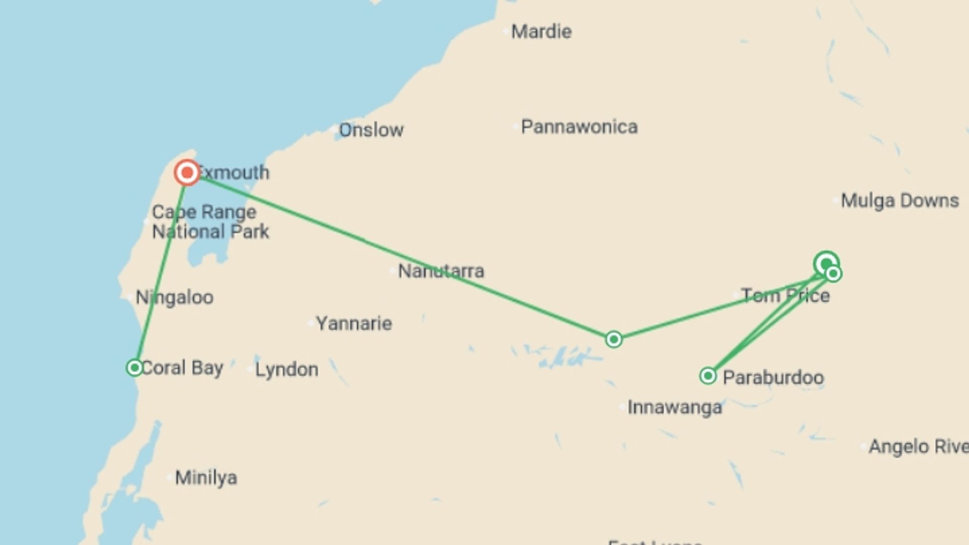 A map showing the tour itinerary for the trip: Walk Western Australia's Karijini & Ningaloo Reef, starting in Karijini National Park, Australia and ending in Exmouth, Australia going through 4 other destinations.