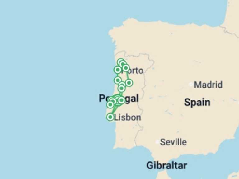 Map itinerary of Portugal Tour in February 2027 with 4 destination visits for the trip: North Of Portugal, German-speaking Guide