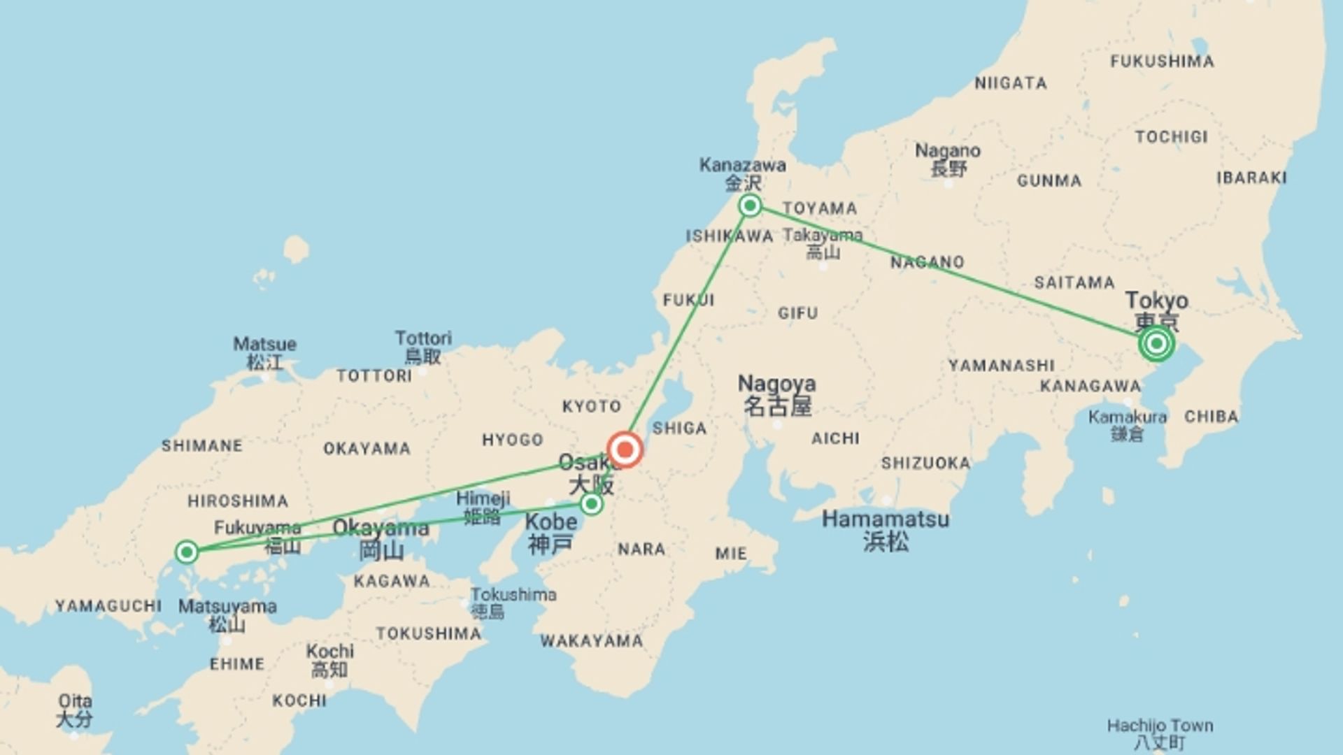 A map showing the tour itinerary for the trip: Highlights of Japan, starting in Tokyo, Japan and ending in Kyoto, Japan going through 3 other destinations.