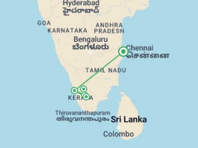 Map itinerary of Chennai Tour in February 2026 with 5 destination visits for the trip: Cycling Kerala's Backroads