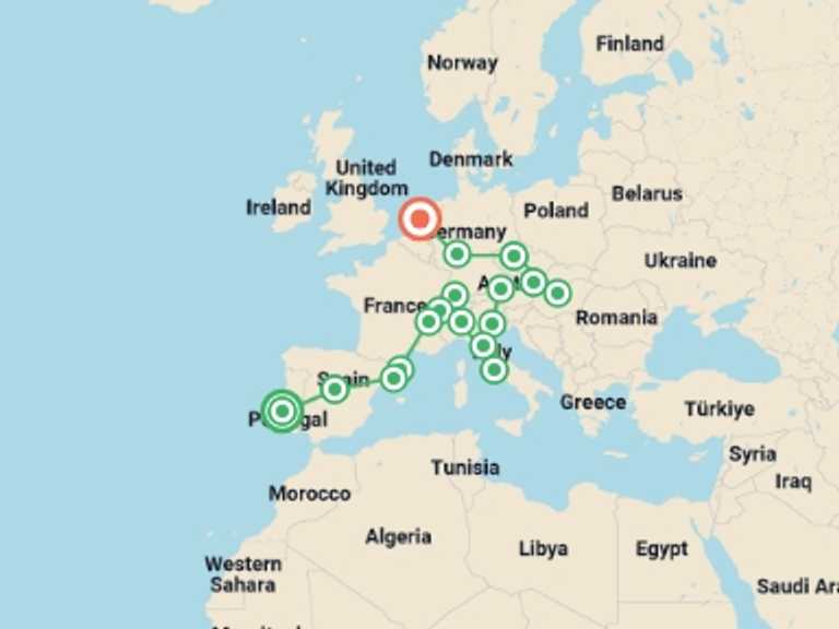 Map of Europe Tour with 17 destination visits for the trip: Contrasts of Europe